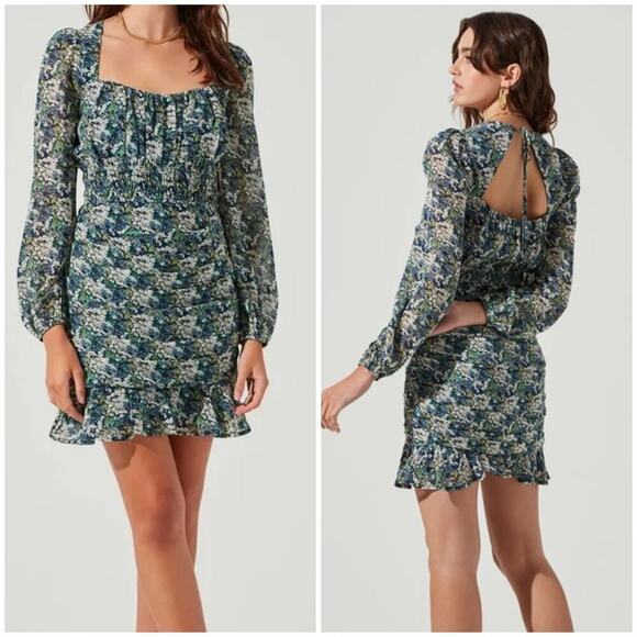 Revolve ASTR Smocked Waist Ruched Dress Floral Print Dress Sz Large - Picture 1 of 3